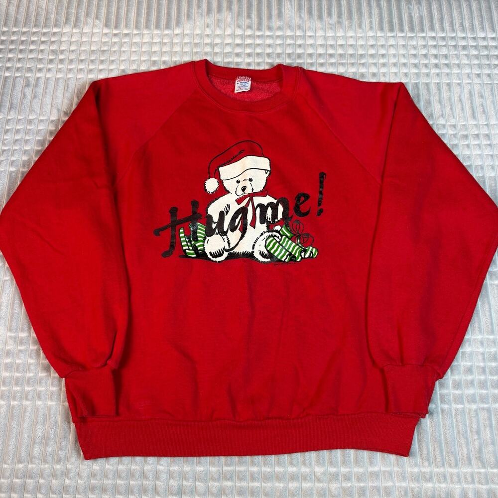 Vintage 80s Hug Me Christmas Teddy Bear Sweatshirt Jerzees Russell Red USA  L